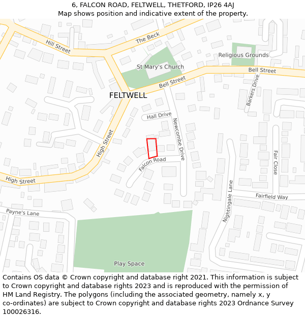 6, FALCON ROAD, FELTWELL, THETFORD, IP26 4AJ: Location map and indicative extent of plot