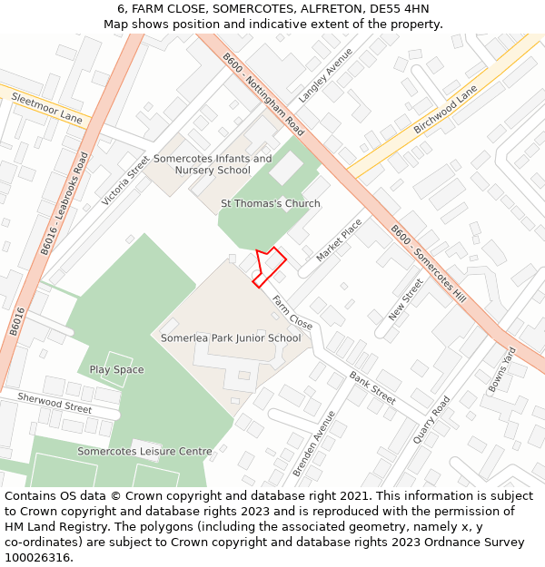 6, FARM CLOSE, SOMERCOTES, ALFRETON, DE55 4HN: Location map and indicative extent of plot