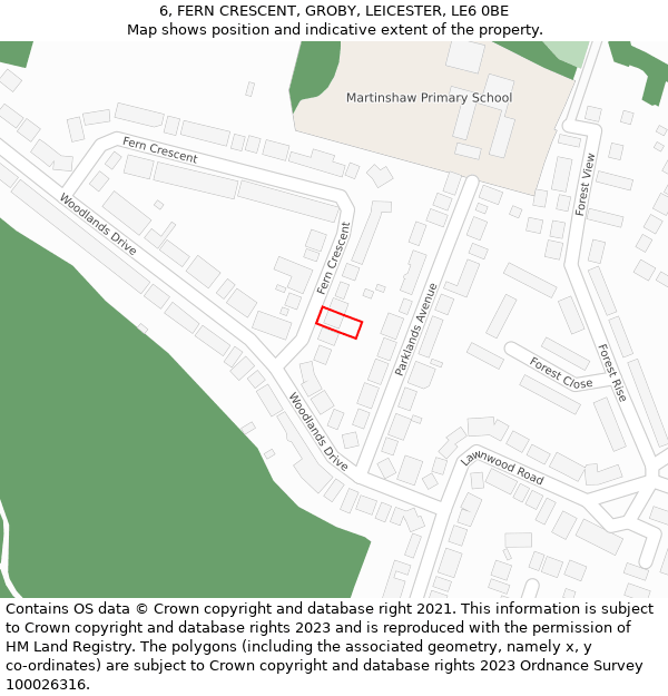 6, FERN CRESCENT, GROBY, LEICESTER, LE6 0BE: Location map and indicative extent of plot