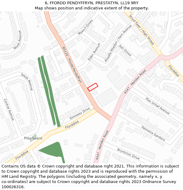 6, FFORDD PENDYFFRYN, PRESTATYN, LL19 9RY: Location map and indicative extent of plot