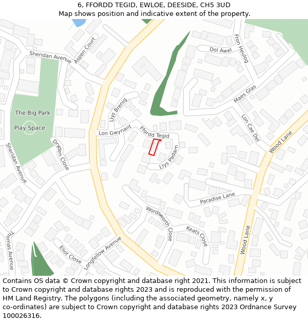 6, FFORDD TEGID, EWLOE, DEESIDE, CH5 3UD: Location map and indicative extent of plot