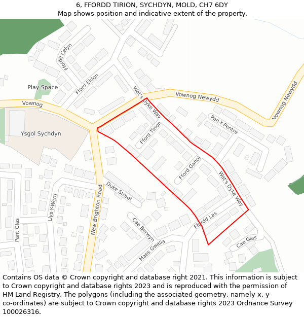 6, FFORDD TIRION, SYCHDYN, MOLD, CH7 6DY: Location map and indicative extent of plot