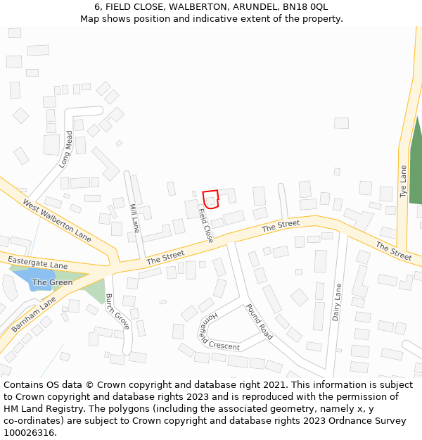 6, FIELD CLOSE, WALBERTON, ARUNDEL, BN18 0QL: Location map and indicative extent of plot