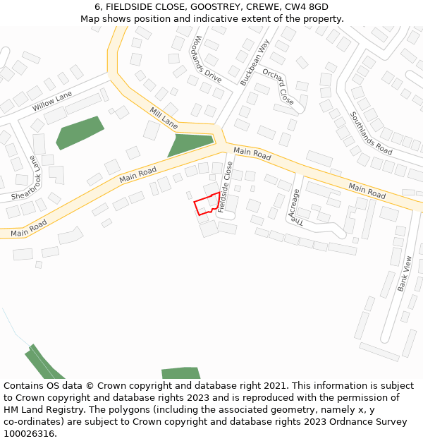 6, FIELDSIDE CLOSE, GOOSTREY, CREWE, CW4 8GD: Location map and indicative extent of plot