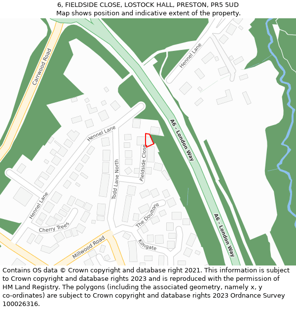 6, FIELDSIDE CLOSE, LOSTOCK HALL, PRESTON, PR5 5UD: Location map and indicative extent of plot