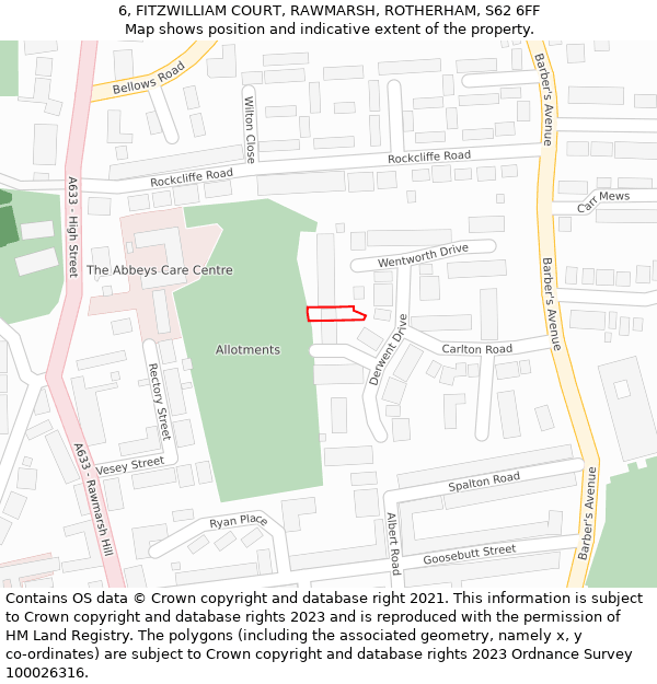 6, FITZWILLIAM COURT, RAWMARSH, ROTHERHAM, S62 6FF: Location map and indicative extent of plot