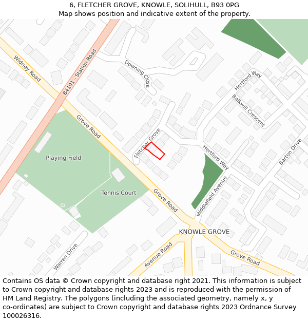 6, FLETCHER GROVE, KNOWLE, SOLIHULL, B93 0PG: Location map and indicative extent of plot