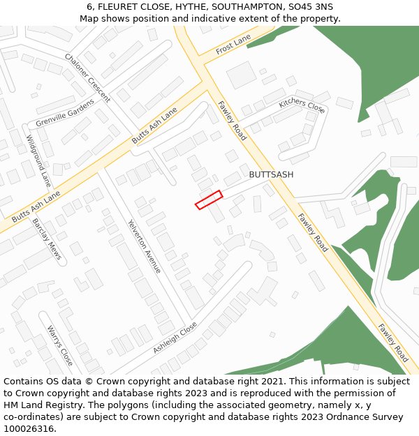 6, FLEURET CLOSE, HYTHE, SOUTHAMPTON, SO45 3NS: Location map and indicative extent of plot