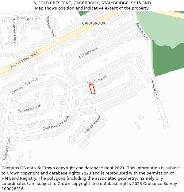 6, FOLD CRESCENT, CARRBROOK, STALYBRIDGE, SK15 3ND: Location map and indicative extent of plot