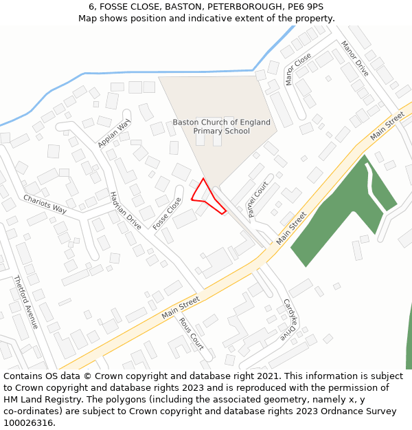 6, FOSSE CLOSE, BASTON, PETERBOROUGH, PE6 9PS: Location map and indicative extent of plot