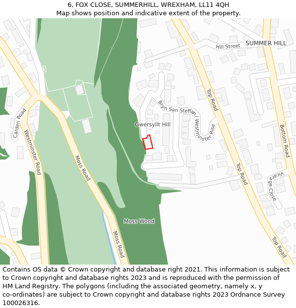 6, FOX CLOSE, SUMMERHILL, WREXHAM, LL11 4QH: Location map and indicative extent of plot