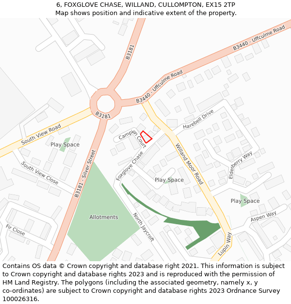 6, FOXGLOVE CHASE, WILLAND, CULLOMPTON, EX15 2TP: Location map and indicative extent of plot