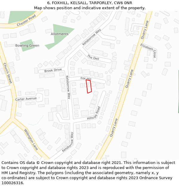 6, FOXHILL, KELSALL, TARPORLEY, CW6 0NR: Location map and indicative extent of plot