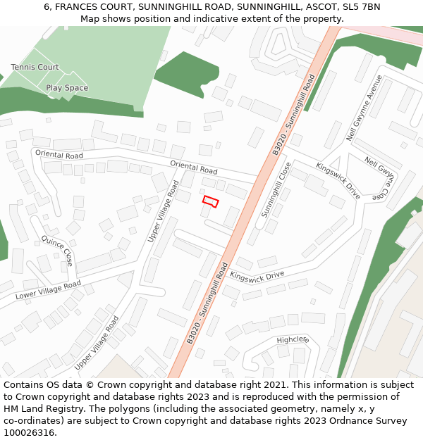 6, FRANCES COURT, SUNNINGHILL ROAD, SUNNINGHILL, ASCOT, SL5 7BN: Location map and indicative extent of plot