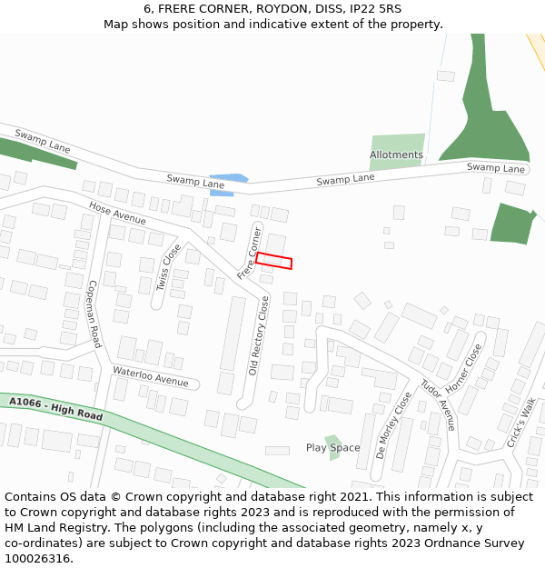 6, FRERE CORNER, ROYDON, DISS, IP22 5RS: Location map and indicative extent of plot