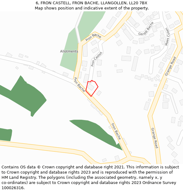 6, FRON CASTELL, FRON BACHE, LLANGOLLEN, LL20 7BX: Location map and indicative extent of plot