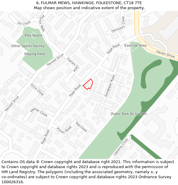 6, FULMAR MEWS, HAWKINGE, FOLKESTONE, CT18 7TE: Location map and indicative extent of plot