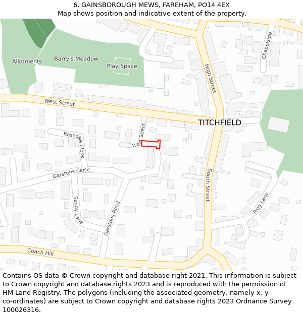 6, GAINSBOROUGH MEWS, FAREHAM, PO14 4EX: Location map and indicative extent of plot