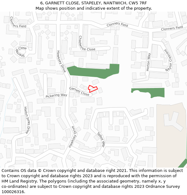 6, GARNETT CLOSE, STAPELEY, NANTWICH, CW5 7RF: Location map and indicative extent of plot