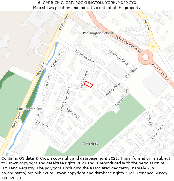 6, GARRICK CLOSE, POCKLINGTON, YORK, YO42 2YX: Location map and indicative extent of plot