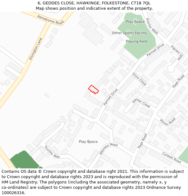 6, GEDDES CLOSE, HAWKINGE, FOLKESTONE, CT18 7QL: Location map and indicative extent of plot