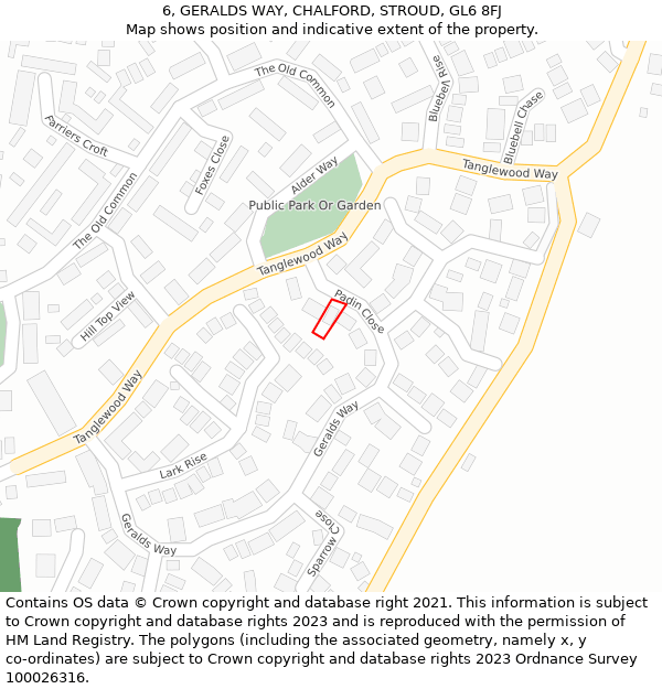 6, GERALDS WAY, CHALFORD, STROUD, GL6 8FJ: Location map and indicative extent of plot