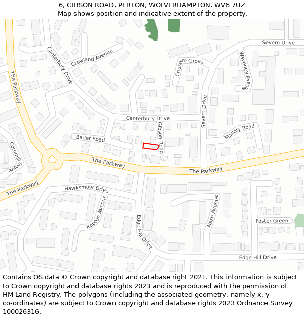 6, GIBSON ROAD, PERTON, WOLVERHAMPTON, WV6 7UZ: Location map and indicative extent of plot