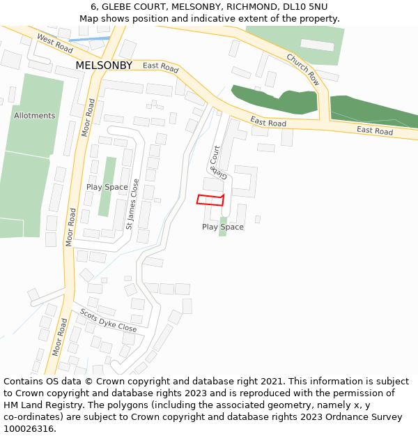 6, GLEBE COURT, MELSONBY, RICHMOND, DL10 5NU: Location map and indicative extent of plot