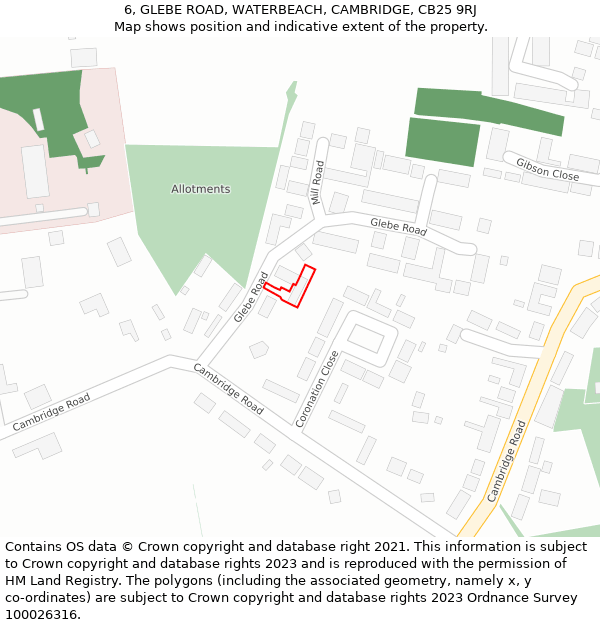 6, GLEBE ROAD, WATERBEACH, CAMBRIDGE, CB25 9RJ: Location map and indicative extent of plot