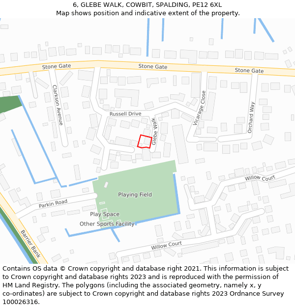 6, GLEBE WALK, COWBIT, SPALDING, PE12 6XL: Location map and indicative extent of plot