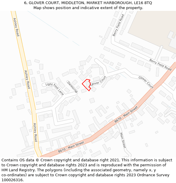 6, GLOVER COURT, MIDDLETON, MARKET HARBOROUGH, LE16 8TQ: Location map and indicative extent of plot