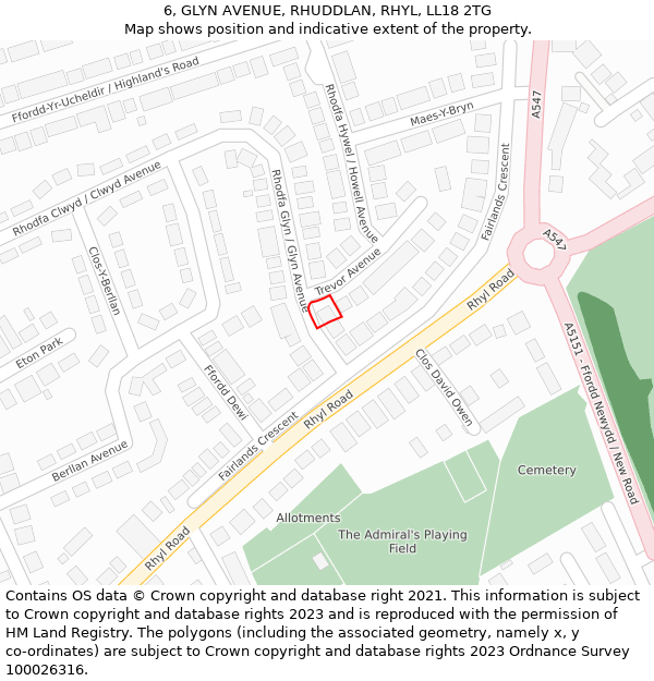 6, GLYN AVENUE, RHUDDLAN, RHYL, LL18 2TG: Location map and indicative extent of plot