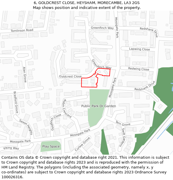 6, GOLDCREST CLOSE, HEYSHAM, MORECAMBE, LA3 2GS: Location map and indicative extent of plot