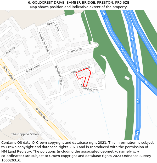 6, GOLDCREST DRIVE, BAMBER BRIDGE, PRESTON, PR5 6ZE: Location map and indicative extent of plot