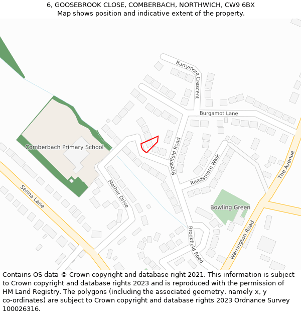 6, GOOSEBROOK CLOSE, COMBERBACH, NORTHWICH, CW9 6BX: Location map and indicative extent of plot