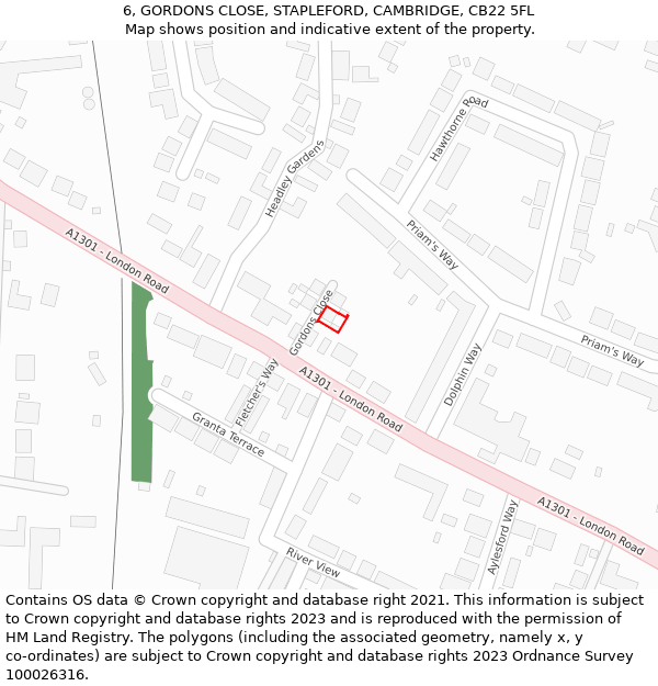 6, GORDONS CLOSE, STAPLEFORD, CAMBRIDGE, CB22 5FL: Location map and indicative extent of plot