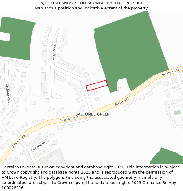 6, GORSELANDS, SEDLESCOMBE, BATTLE, TN33 0PT: Location map and indicative extent of plot