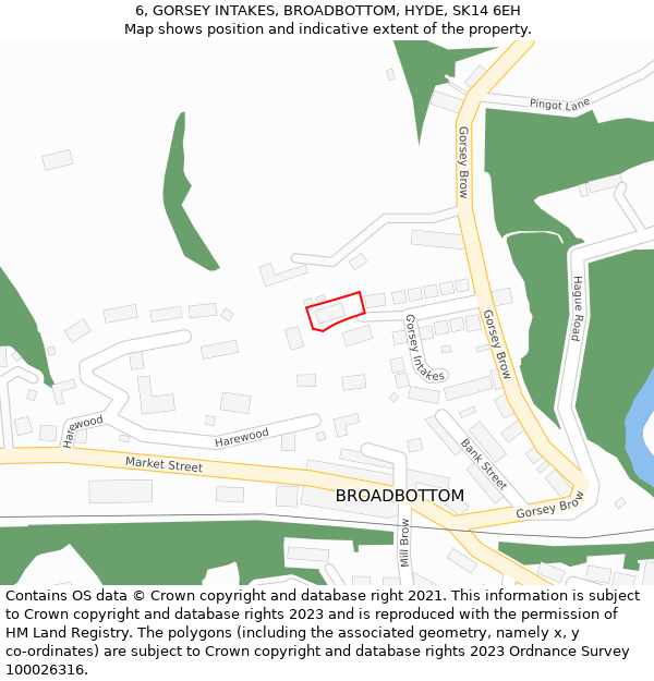 6, GORSEY INTAKES, BROADBOTTOM, HYDE, SK14 6EH: Location map and indicative extent of plot