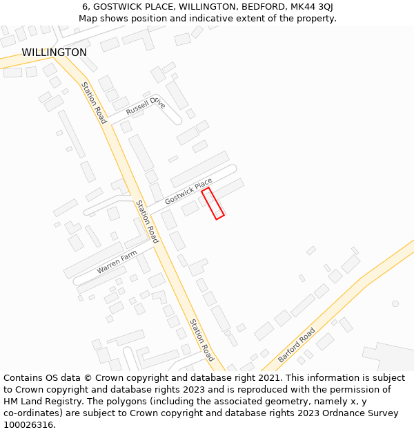 6, GOSTWICK PLACE, WILLINGTON, BEDFORD, MK44 3QJ: Location map and indicative extent of plot
