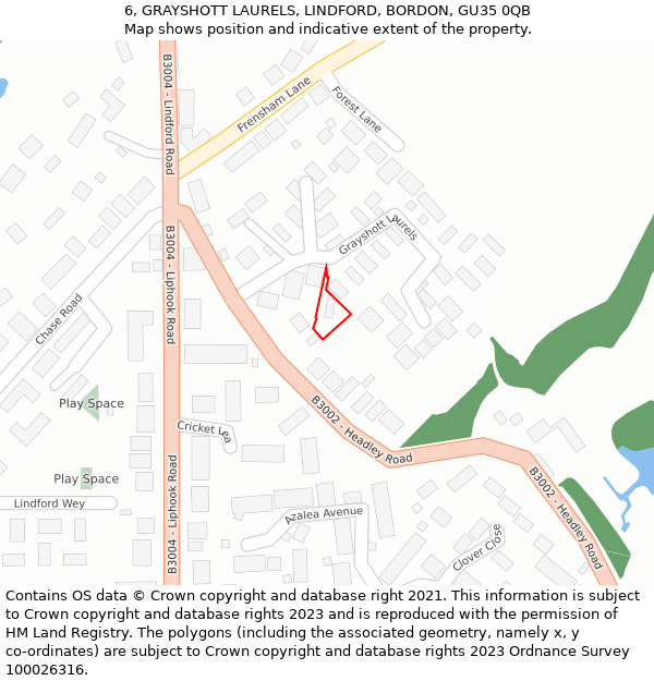 6, GRAYSHOTT LAURELS, LINDFORD, BORDON, GU35 0QB: Location map and indicative extent of plot