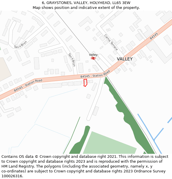 6, GRAYSTONES, VALLEY, HOLYHEAD, LL65 3EW: Location map and indicative extent of plot