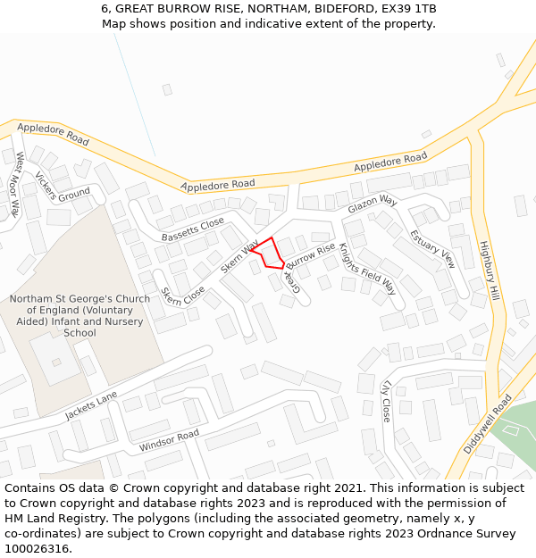 6, GREAT BURROW RISE, NORTHAM, BIDEFORD, EX39 1TB: Location map and indicative extent of plot