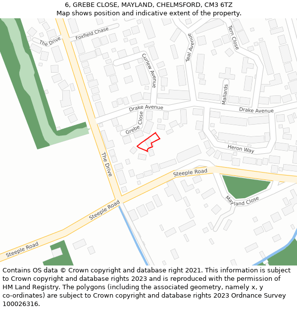6, GREBE CLOSE, MAYLAND, CHELMSFORD, CM3 6TZ: Location map and indicative extent of plot