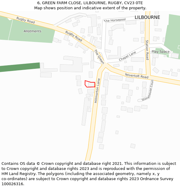 6, GREEN FARM CLOSE, LILBOURNE, RUGBY, CV23 0TE: Location map and indicative extent of plot