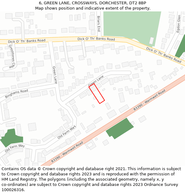 6, GREEN LANE, CROSSWAYS, DORCHESTER, DT2 8BP: Location map and indicative extent of plot