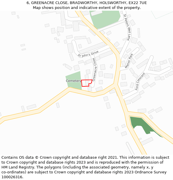 6, GREENACRE CLOSE, BRADWORTHY, HOLSWORTHY, EX22 7UE: Location map and indicative extent of plot
