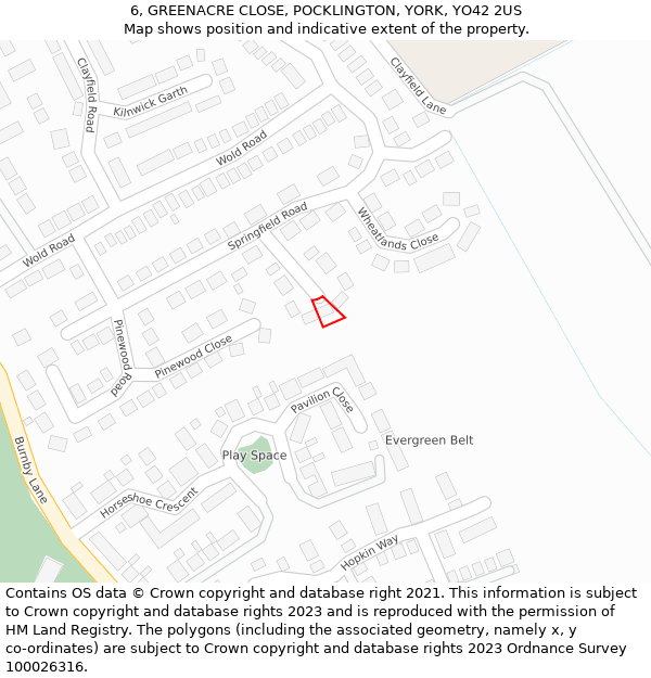 6, GREENACRE CLOSE, POCKLINGTON, YORK, YO42 2US: Location map and indicative extent of plot