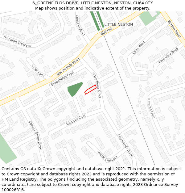 6, GREENFIELDS DRIVE, LITTLE NESTON, NESTON, CH64 0TX: Location map and indicative extent of plot