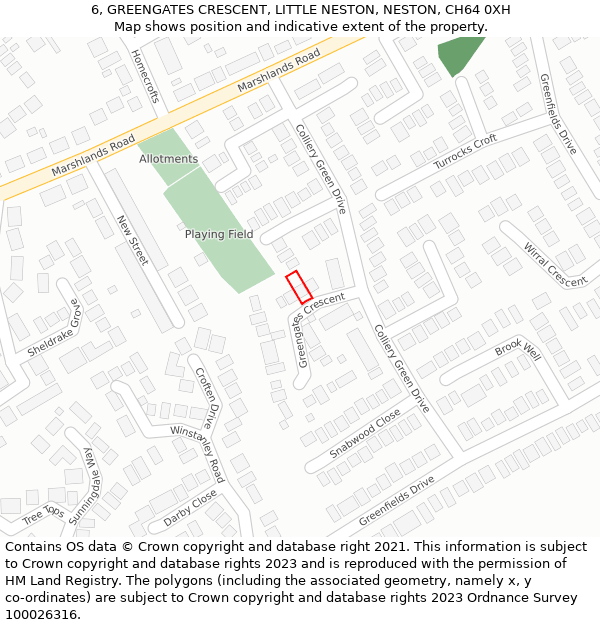 6, GREENGATES CRESCENT, LITTLE NESTON, NESTON, CH64 0XH: Location map and indicative extent of plot