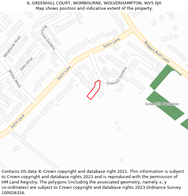 6, GREENHILL COURT, WOMBOURNE, WOLVERHAMPTON, WV5 0JA: Location map and indicative extent of plot